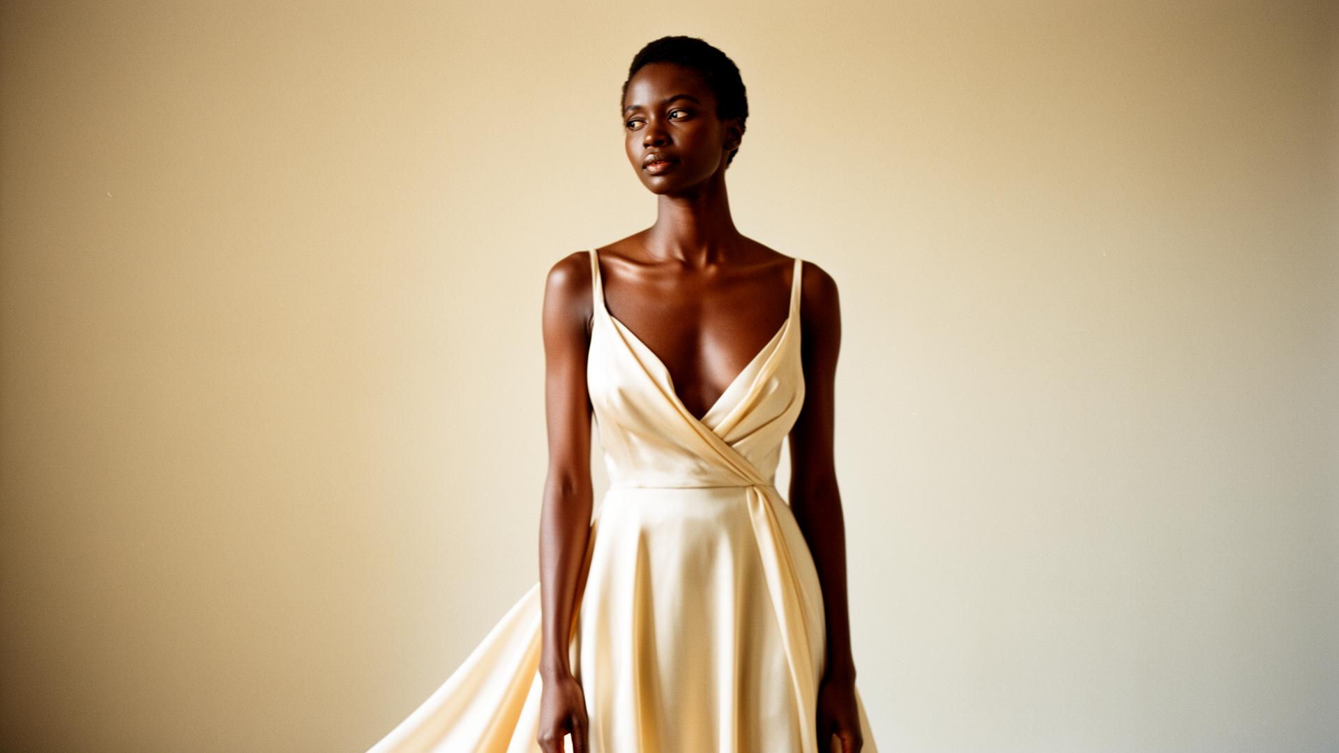 A woman in flowing cream silk by soft window light